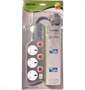 Misfer Socket 3 Outlet, 3meters length, USB Port, Gray - MSFEX3W53U3G