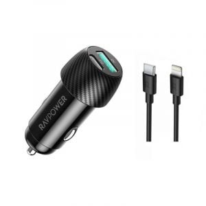 Ravpower PD Pionner 49W 2-Port Car Charger + TypeC-Lighting 1M Cable, Black - RP-VC031