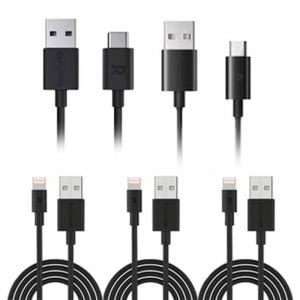 RAVPower Bundle Charging Cable 5 Units, 3 Cable Lightning 1 m RP-CB030 + 1 Cable 1m USB to Type C RP-CB044 + 1 Cable 1m USB A to Micro RP-CB043, Black - RP-CB030 +  RP-CB044 + RP-CB044
