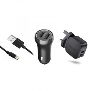 RAVPower Bundle USB Wall Charger 2-Port RP-PC121+ Car Charger RP-PC085+ Lightning Cable RP-CB030 1 m ,Black - RP-PC121 + RP-PC085 + RP-CB030

